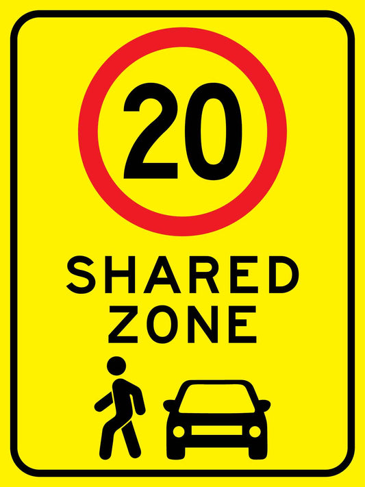 Shared Zone 20km Bright Yellow Sign