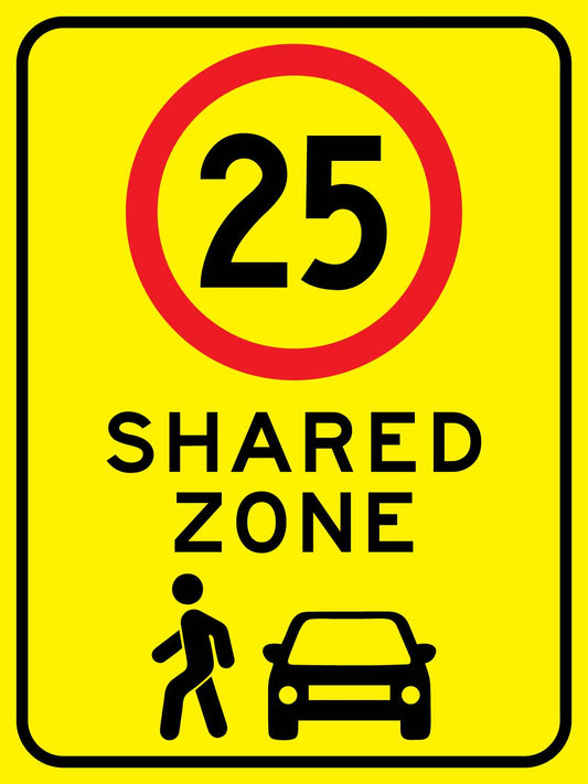 Shared Zone 25km Bright Yellow Sign