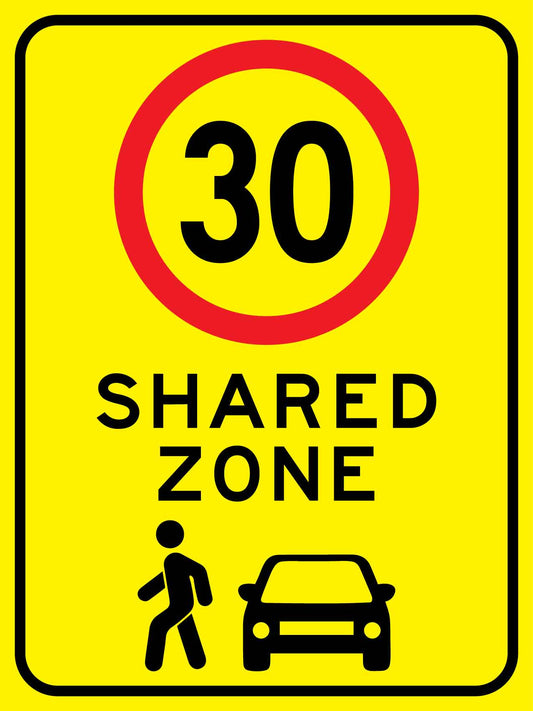 Shared Zone 30km Bright Yellow Sign