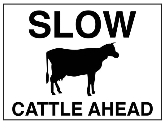 Slow Cattle Ahead White Long Sign