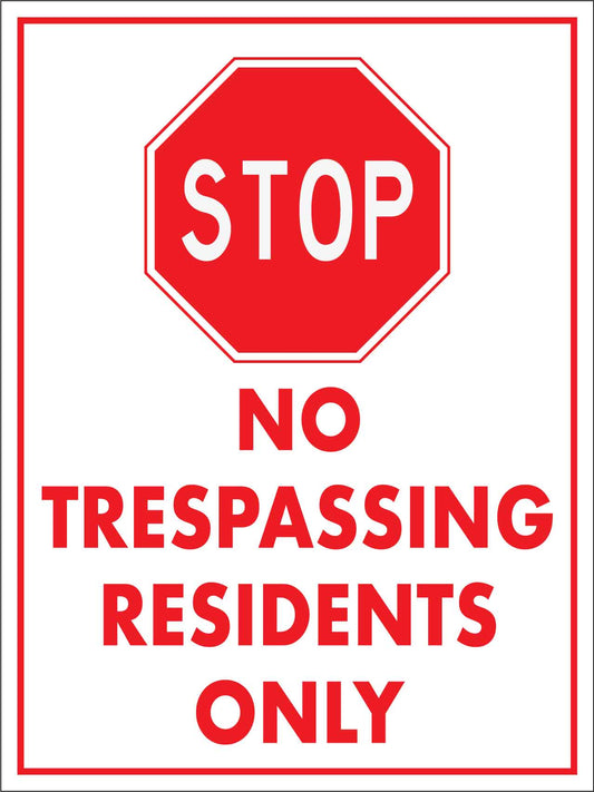 Stop No Trespassing Residents Only Sign