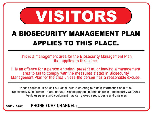 Visitors Biosecurity Management Plan Applies To This Place Sign