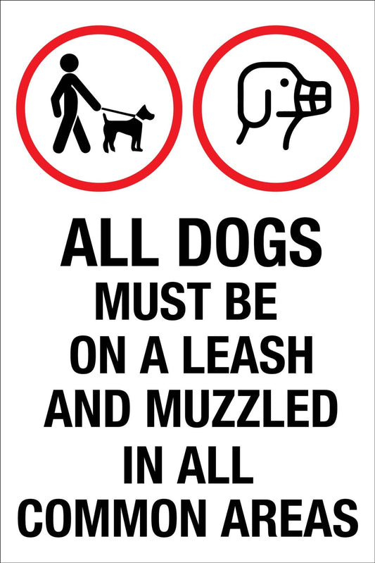All Dogs Must Be On Leash and Muzzled In All Common Areas SIgn - New Signs