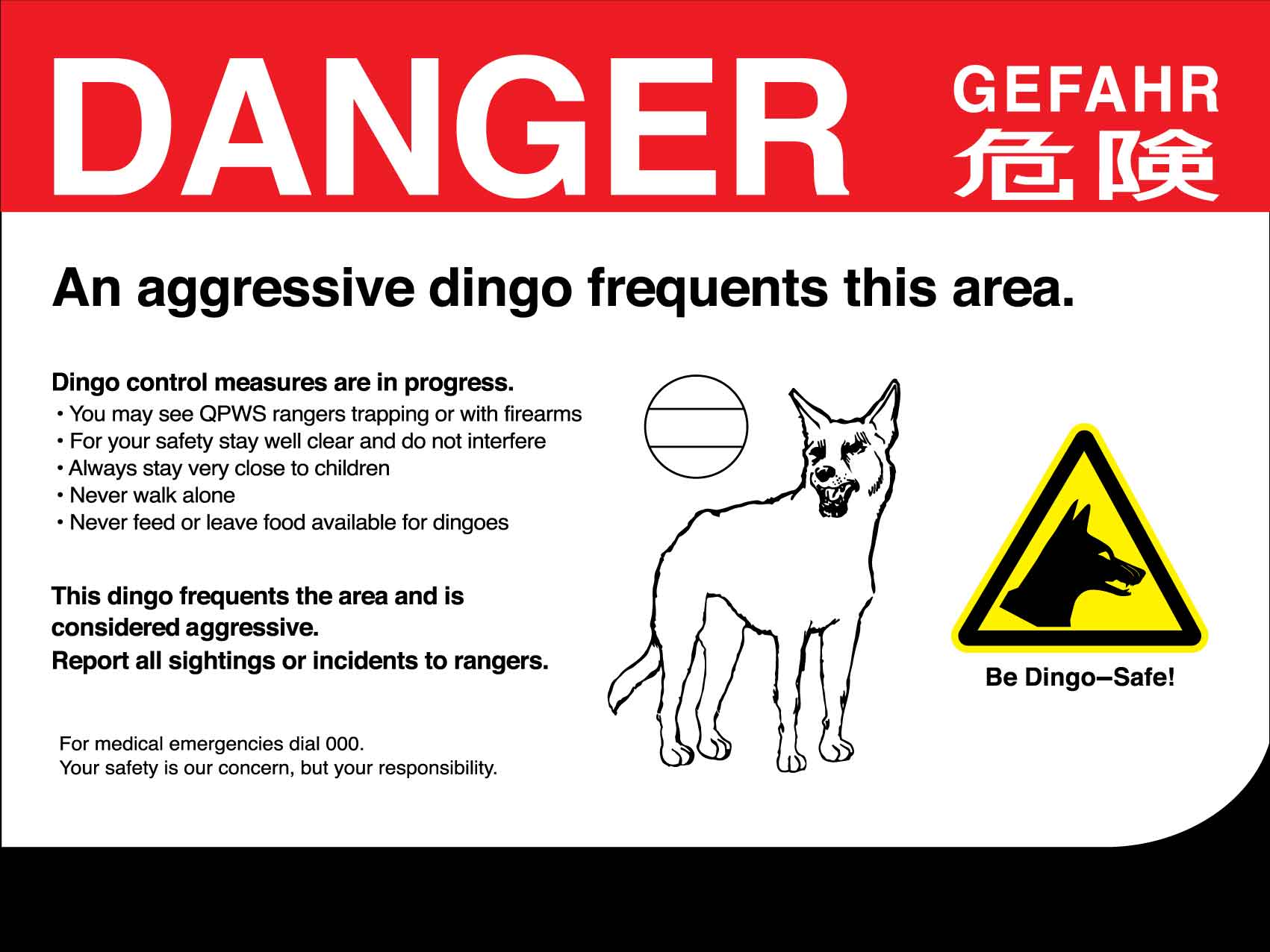 Danger Gefahr An Aressive Dingo Sign - New Signs