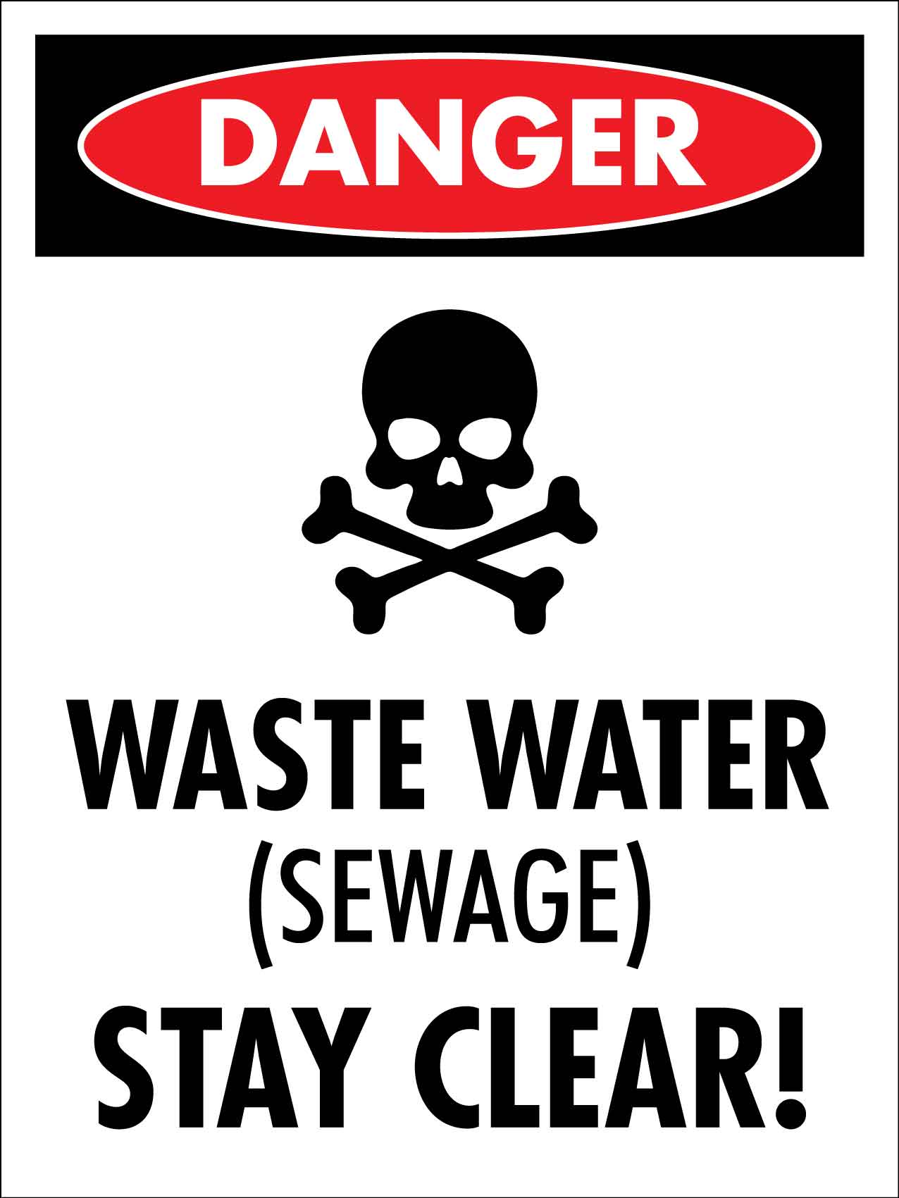 Danger Waste Water Sewage Stay Clear Skull Sign - New Signs