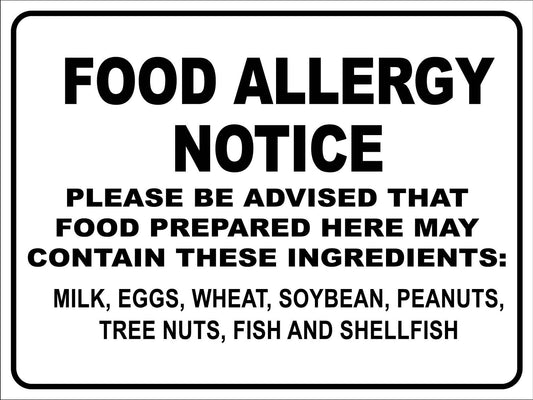 Food Allergy Notice Sign - New Signs