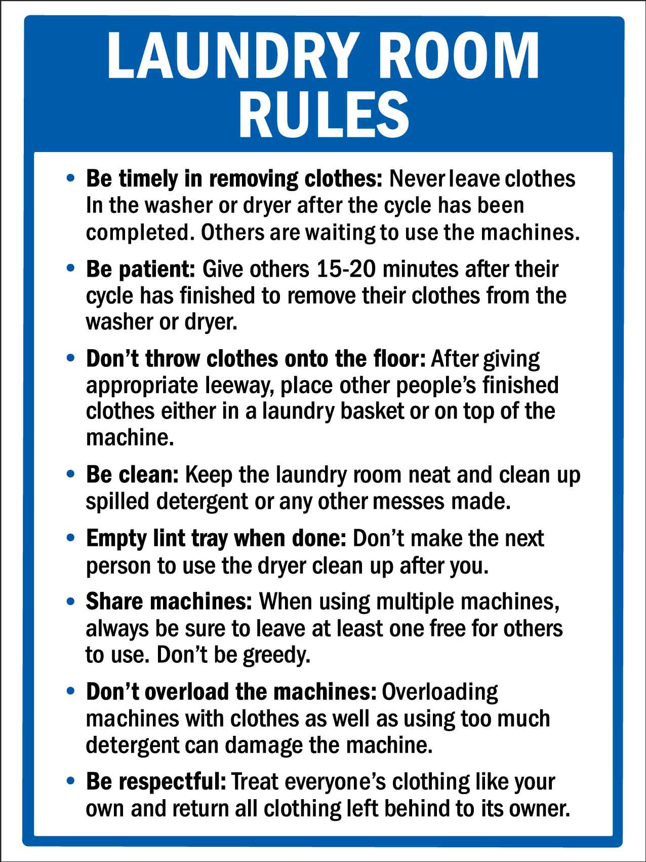 Laundry Room Rules 4 Sign - New Signs