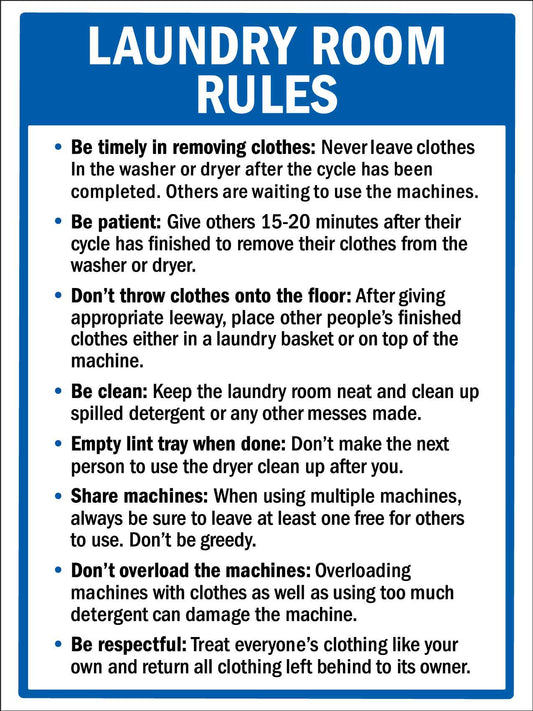 Laundry Room Rules 4 Sign - New Signs