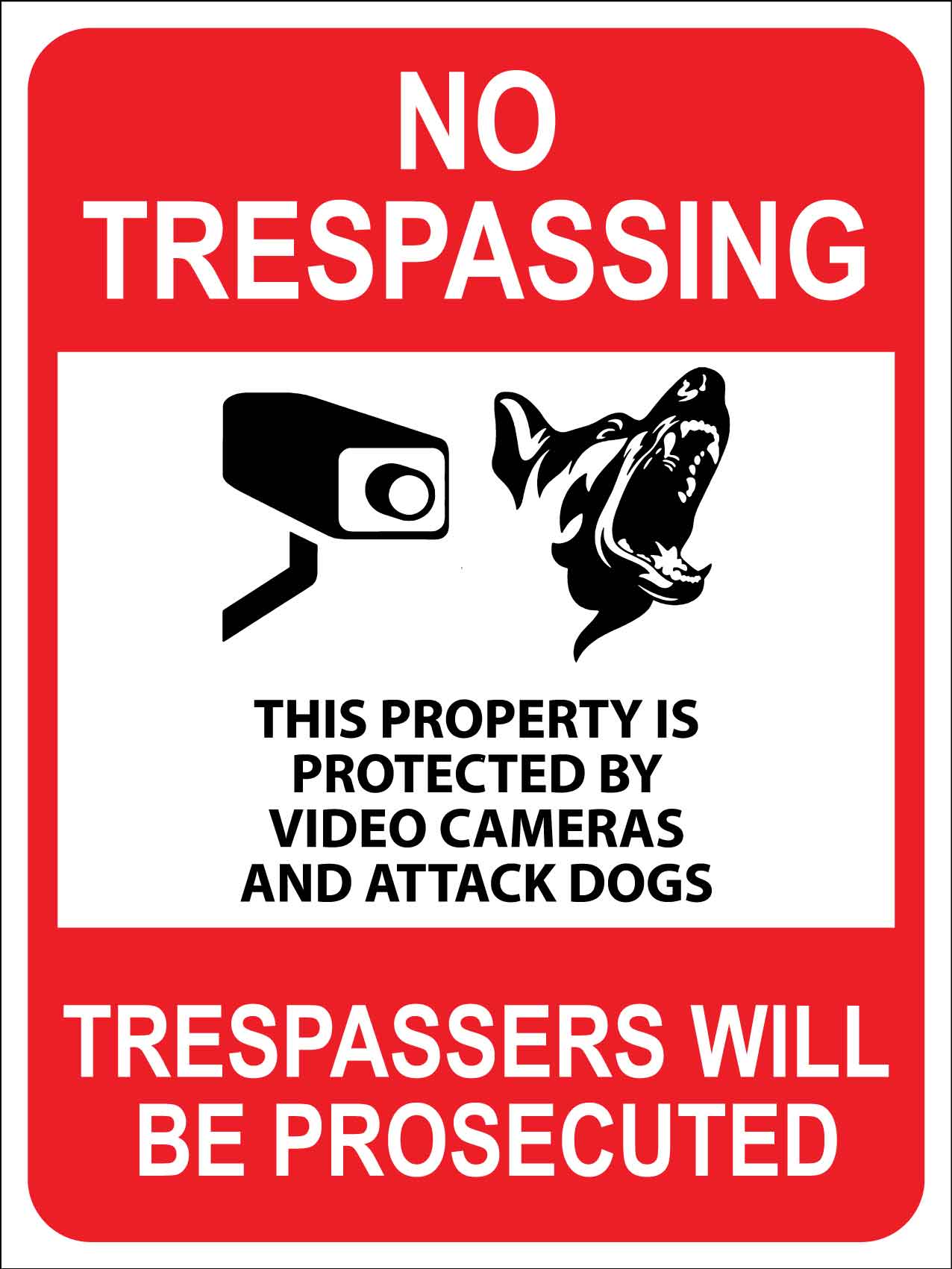 No Trespassing This Property Is Protected By Video Cameras And Attack Dogs - Trespassers Will Be Prosecuted - New Signs