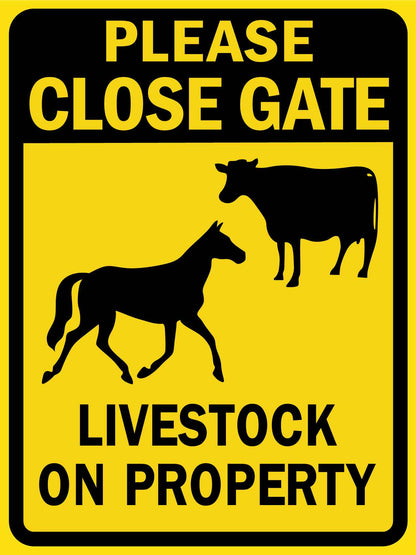 Please Close Gate Livestock on Property Symbol Sign - New Signs