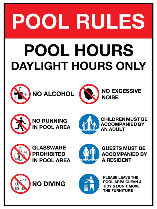 Pool Rules Pool Hours Daylight Hours Only Sign - New Signs