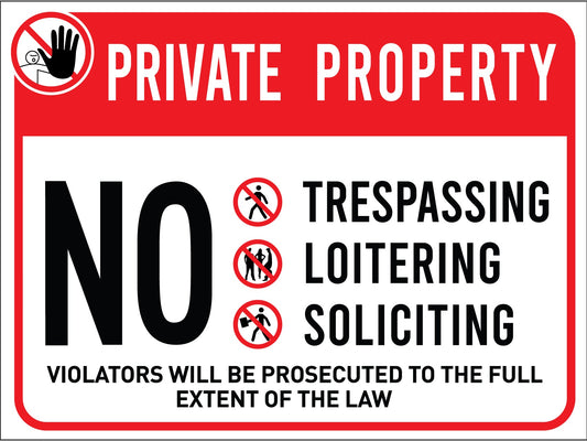 Private Property No Trespassing Loitering Soliciting Sign - New Signs
