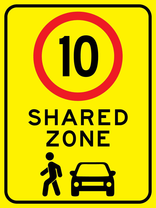 Shared Zone 10km Bright Yellow Sign - New Signs