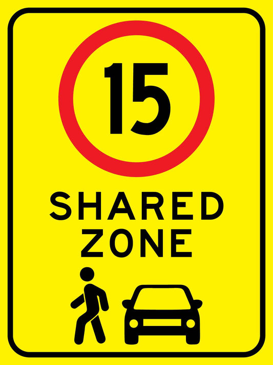 Shared Zone 15km Bright Yellow Sign - New Signs