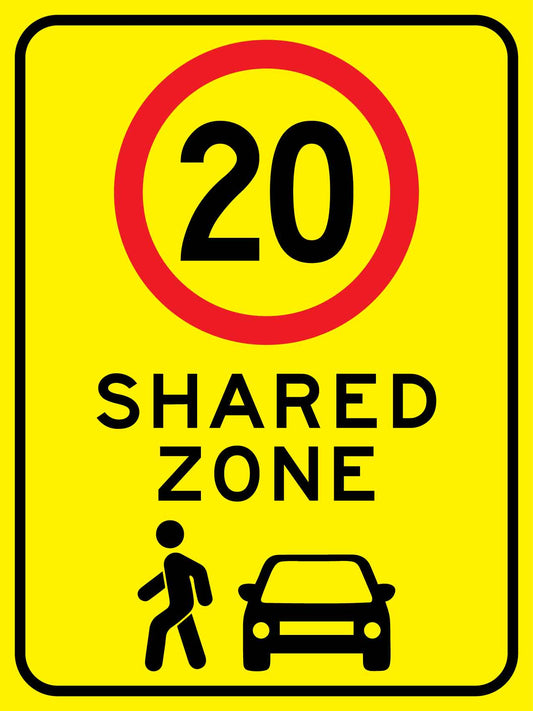 Shared Zone 20km Bright Yellow Sign - New Signs