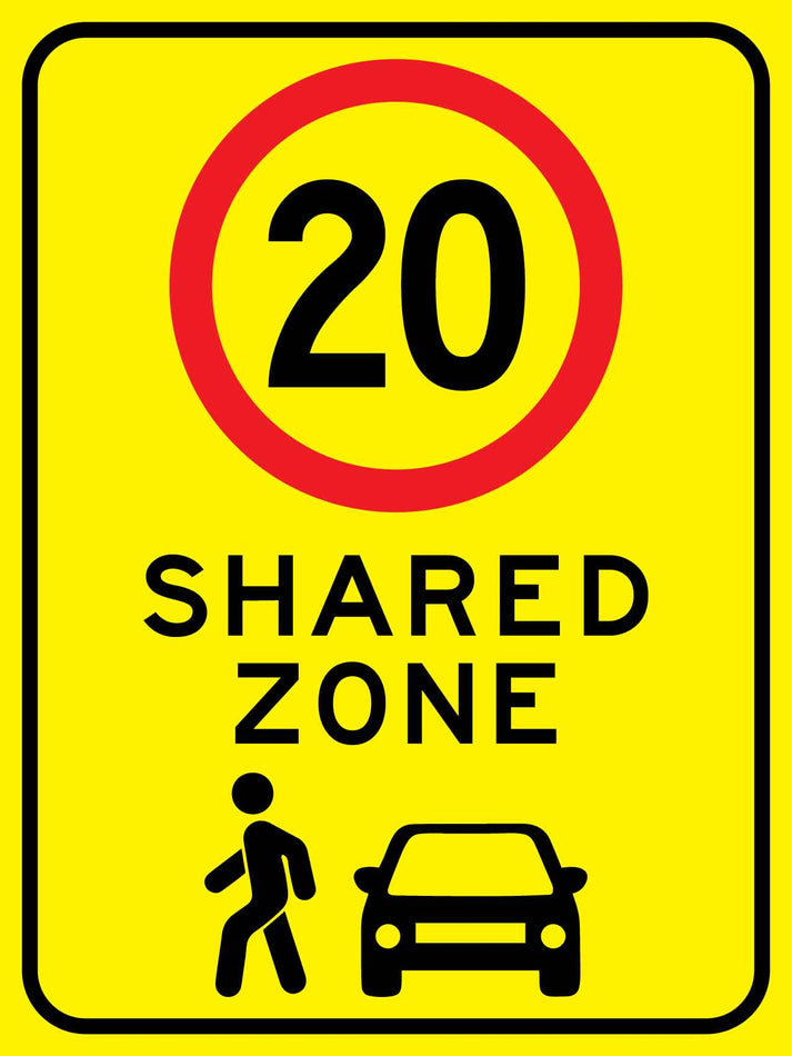 Shared Zone 20km Bright Yellow Sign – New Signs