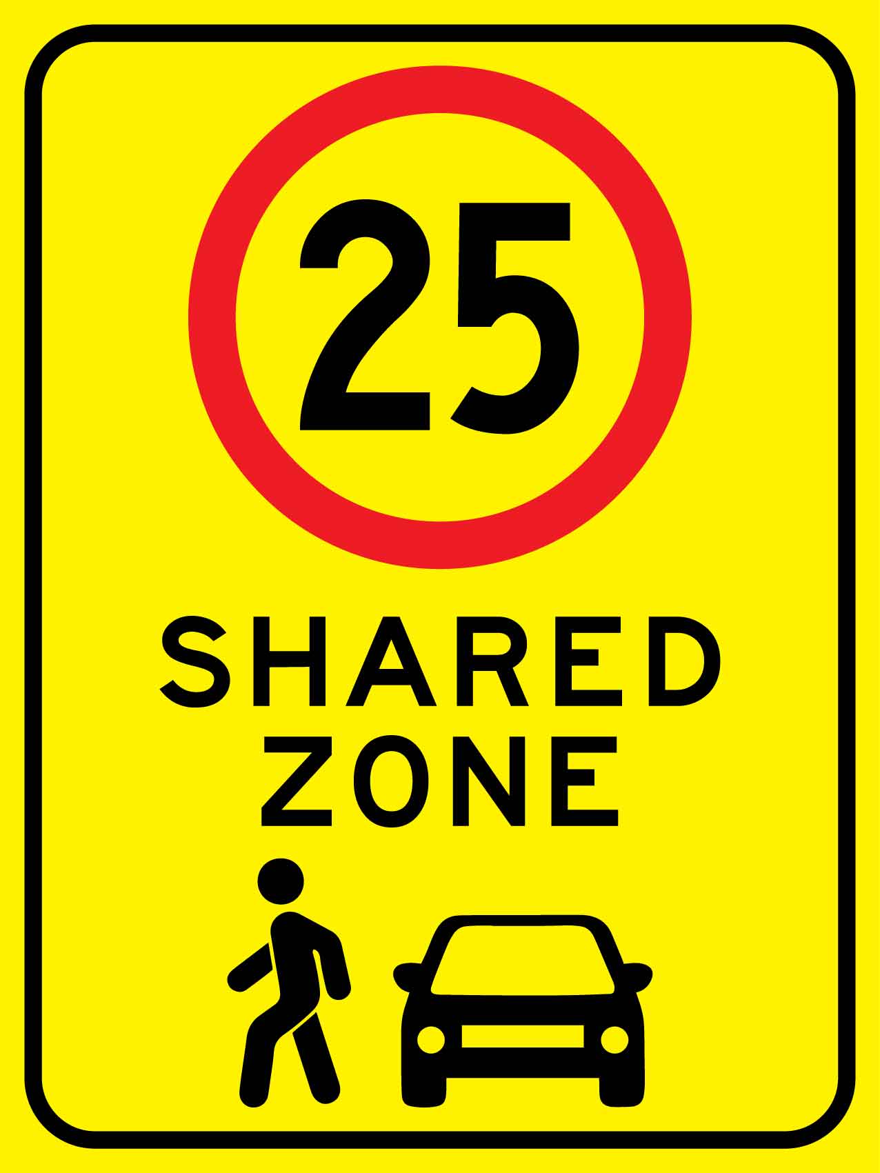 Shared Zone 25km Bright Yellow Sign - New Signs