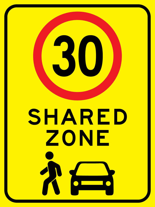 Shared Zone 30km Bright Yellow Sign - New Signs