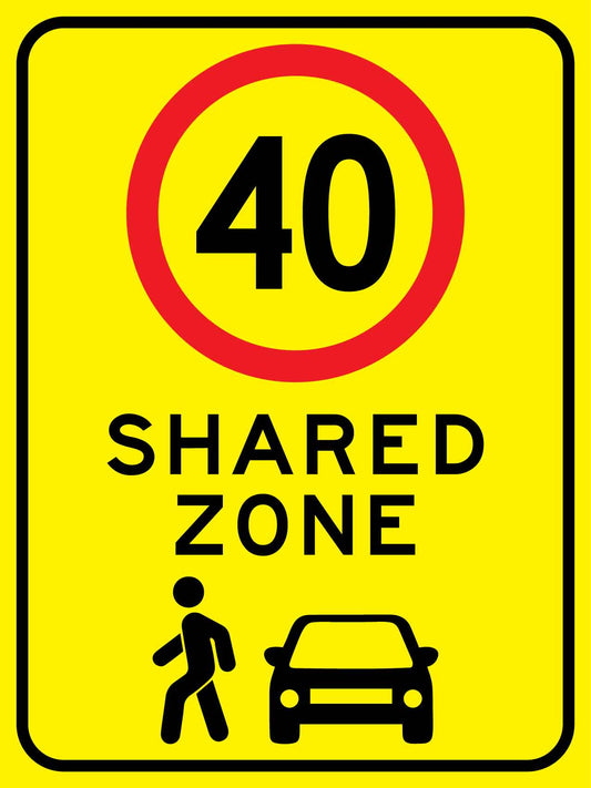 Shared Zone 40km Bright Yellow Sign - New Signs