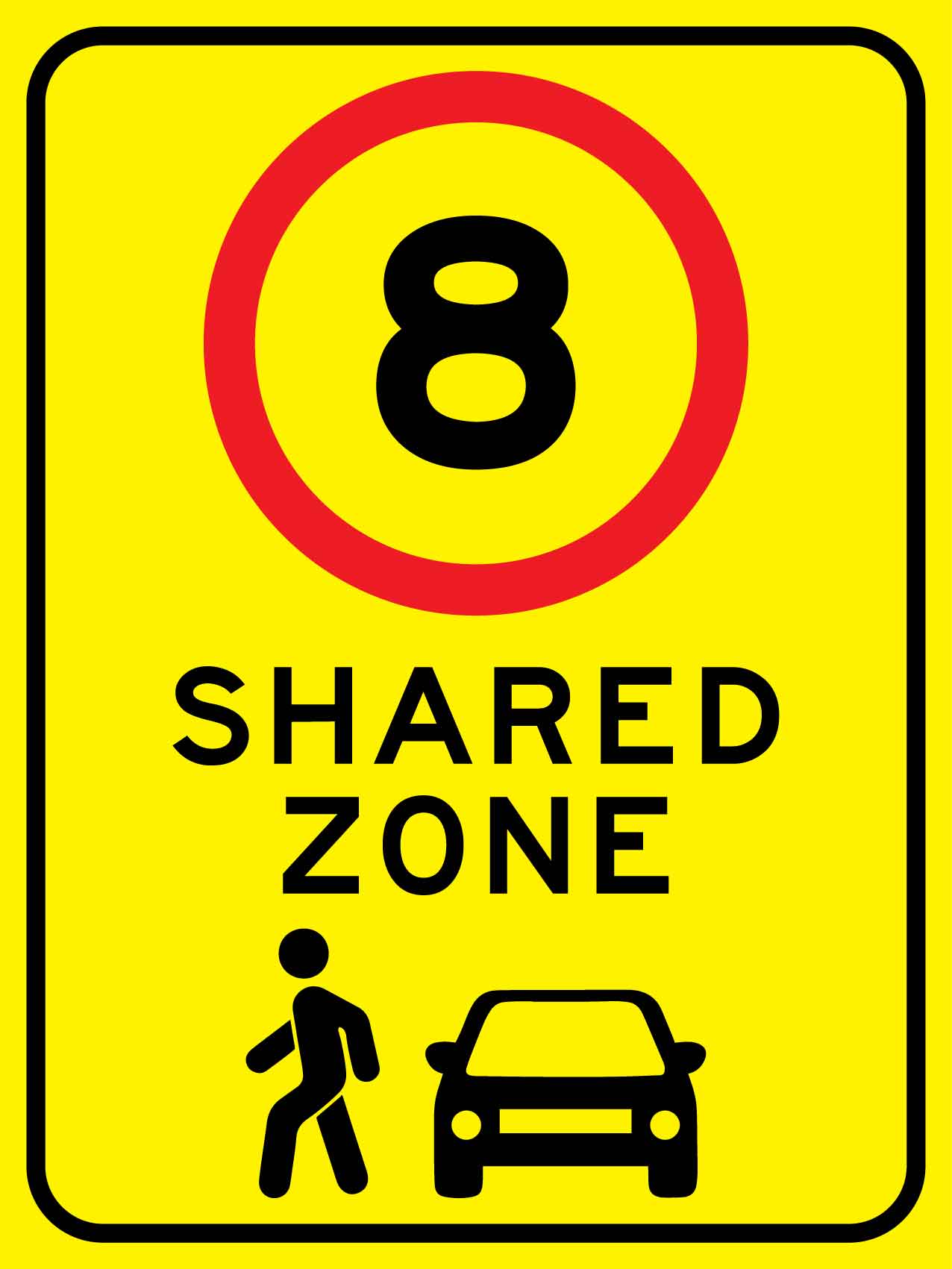 Shared Zone 8km Bright Yellow Sign - New Signs