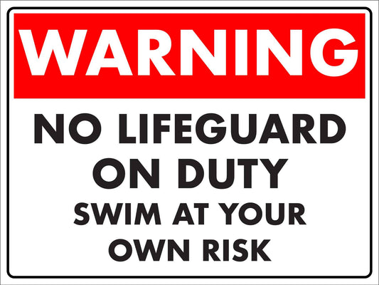 Warning No Lifeguard on Duty Swim at Own Risk Sign - New Signs
