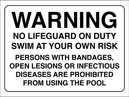 Warning No Lifeguard on Duty Swim at Own Risk Text Sign - New Signs