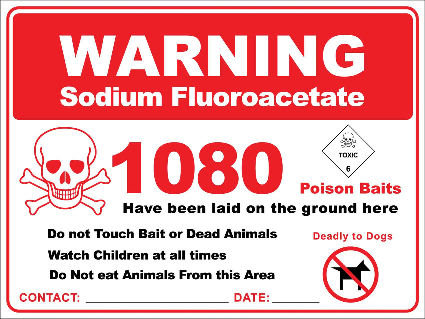 Warning Sodium Fluroacetate 1080 Poison Baits Sign - New Signs