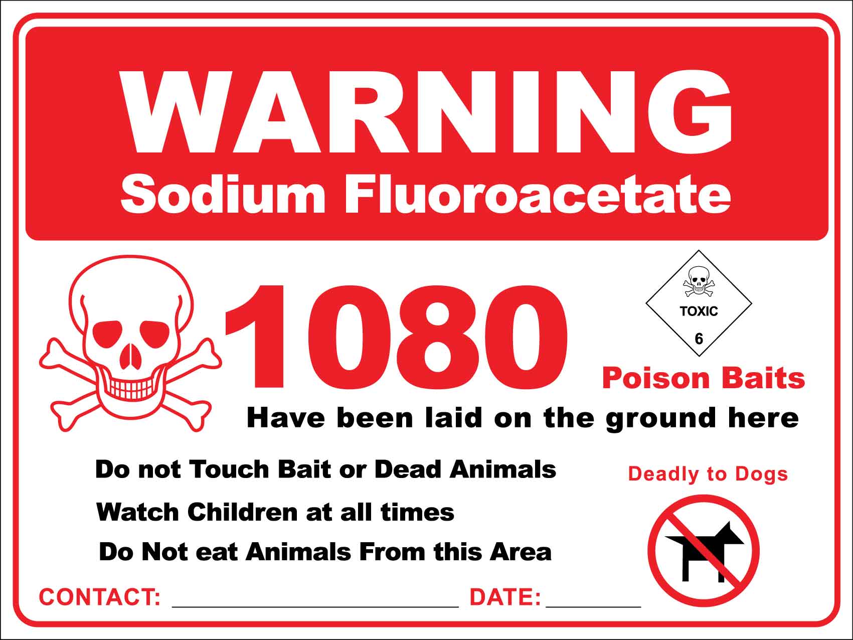 Warning Sodium Fluroacetate 1080 Poison Baits Sign - New Signs